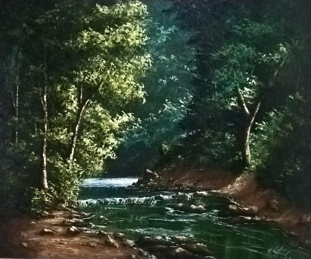 pintura de paisagem com árvores, pedras e um rio passando pelo meio do quadro
